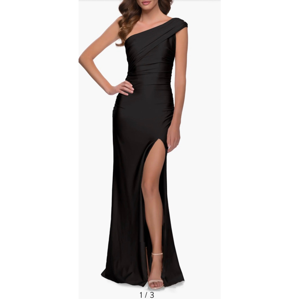 LaFemme One Shoulder Shiny Ruched Jersey Dress with Slit SZ 6